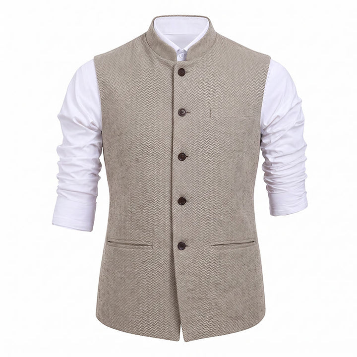 Gilet da uomo in tweed a spina di pesce con colletto alla coreana - image 32