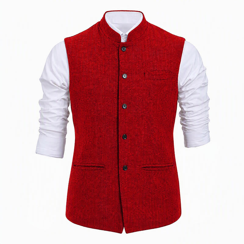 Gilet da uomo in tweed a spina di pesce con colletto alla coreana - image 22