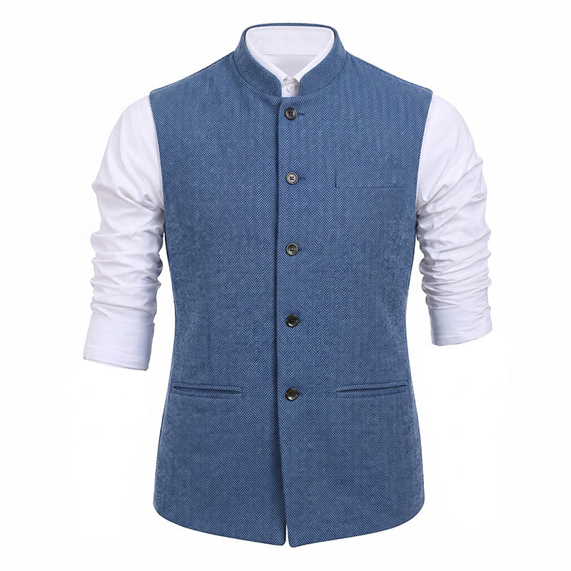 Gilet da uomo in tweed a spina di pesce con colletto alla coreana - image 28