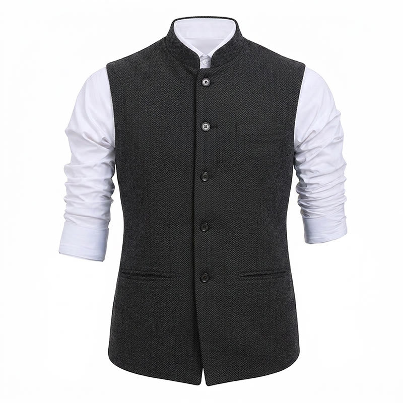 Gilet da uomo in tweed a spina di pesce con colletto alla coreana - image 21