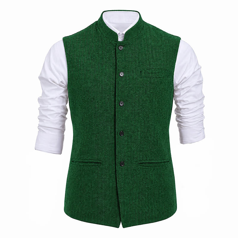 Gilet da uomo in tweed a spina di pesce con colletto alla coreana - image 24