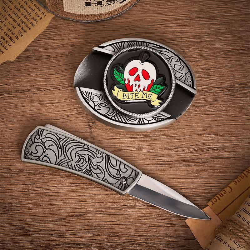 Cintura in pelle con fibbia a coltello pieghevole nascosto "MORDIMI" a forma di mela avvelenata e teschio, fai da te, con coltello pieghevole. - image 1