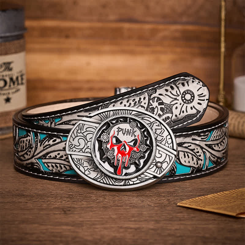 Cintura in pelle con fibbia a coltello pieghevole nascosto fai-da-te a tema Blood Punk Skull. - Teschio Blood Punk - Cintura grigia a fiori - 42 - image 8