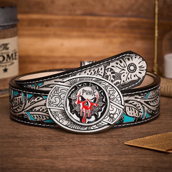 Cintura in pelle con fibbia a coltello pieghevole nascosto fai-da-te a tema Blood Punk Skull. - Teschio Blood Punk - Cintura grigia a fiori - 42 - image 8