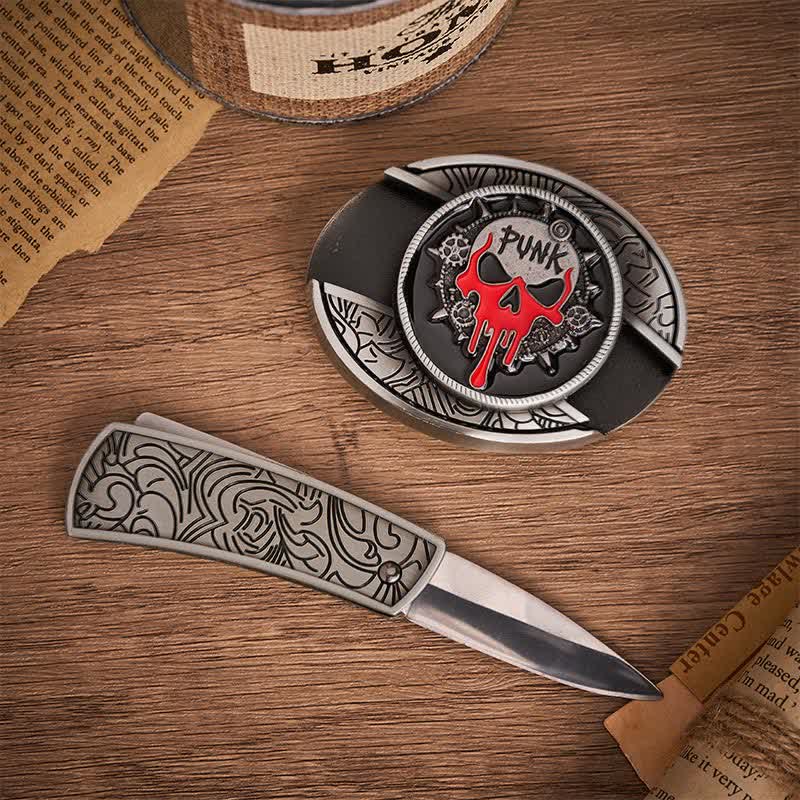 Cintura in pelle con fibbia a coltello pieghevole nascosto fai-da-te a tema Blood Punk Skull. - image 1