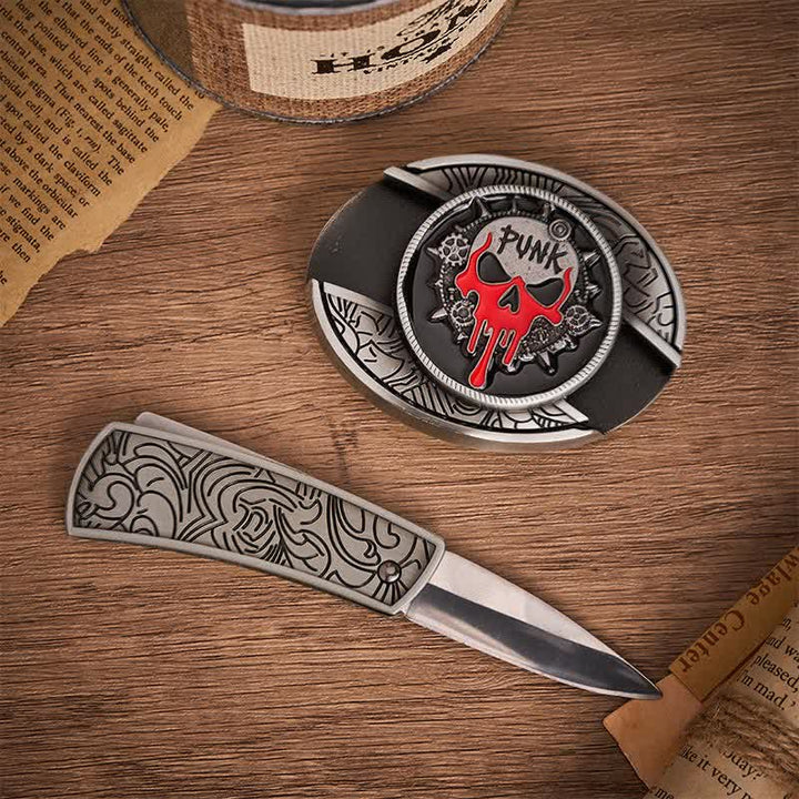 Cintura in pelle con fibbia a coltello pieghevole nascosto fai-da-te a tema Blood Punk Skull. - image 1