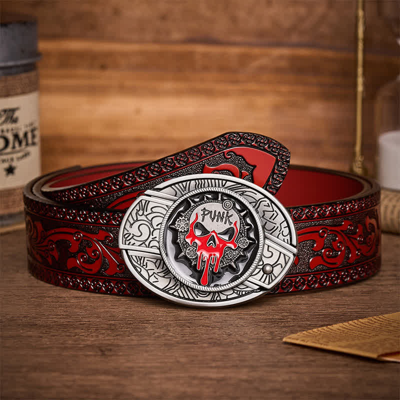 Cintura in pelle con fibbia a coltello pieghevole nascosto fai-da-te a tema Blood Punk Skull. - Teschio Blood Punk - Cintura intagliata marrone - 42 - image 6
