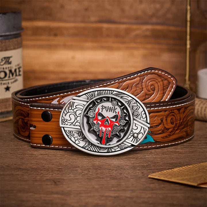 Cintura in pelle con fibbia a coltello pieghevole nascosto fai-da-te a tema Blood Punk Skull. - Teschio Blood Punk - Cintura di piume marroni - 40 - image 7