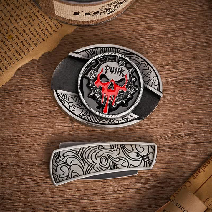 Cintura in pelle con fibbia a coltello pieghevole nascosto fai-da-te a tema Blood Punk Skull. - image 10