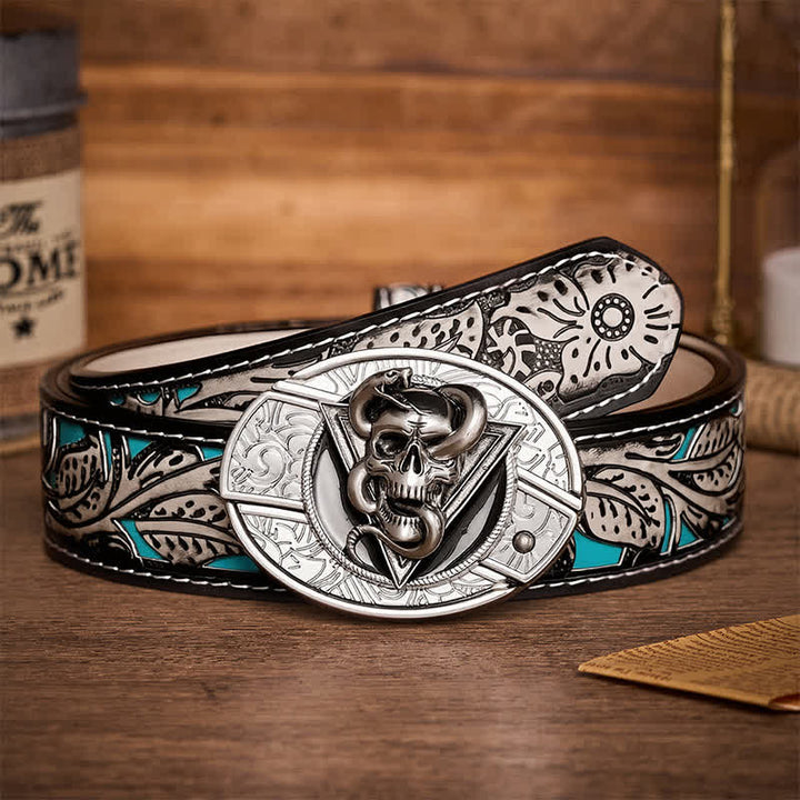 Cintura in pelle con fibbia a coltello pieghevole nascosto fai-da-te a forma di teschio di serpente demone triangolare - Teschio di serpente - Cintura grigia a fiori - 42 - image 8