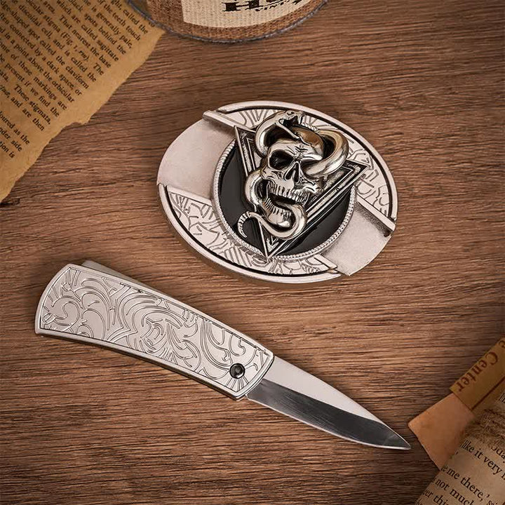 Cintura in pelle con fibbia a coltello pieghevole nascosto fai-da-te a forma di teschio di serpente demone triangolare - image 1
