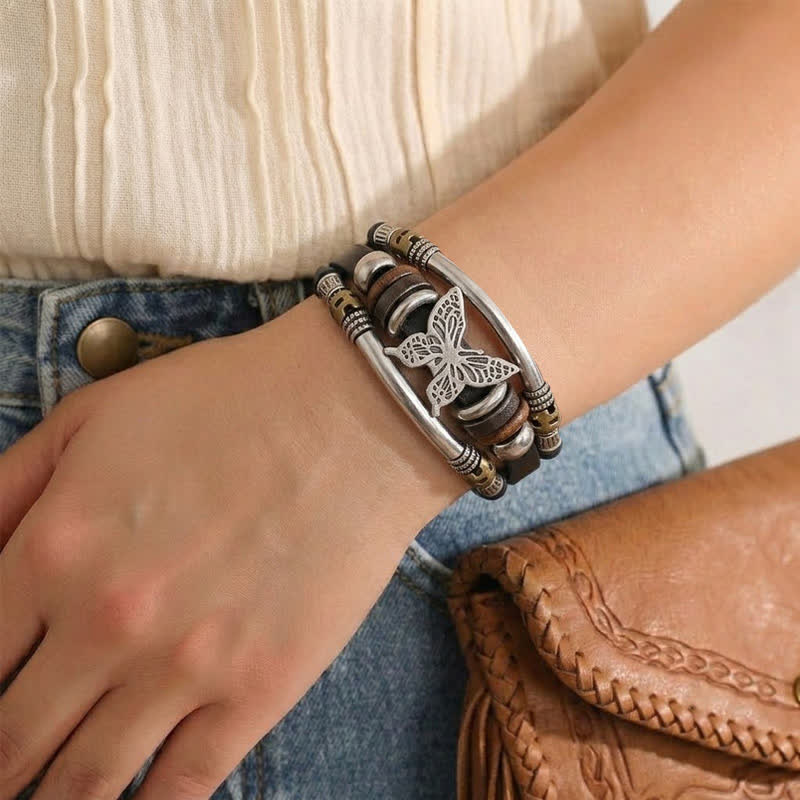 Bracciale vintage a più strati in pelle stile vichingo con farfalle - image 1