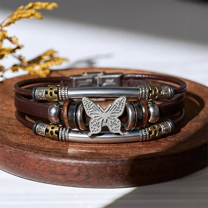Bracciale vintage a più strati in pelle stile vichingo con farfalle - Marrone e argento - image 8