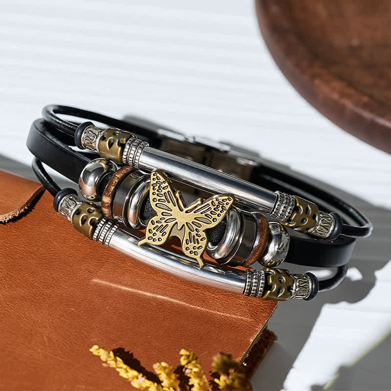 Bracciale vintage a più strati in pelle stile vichingo con farfalle - image 3