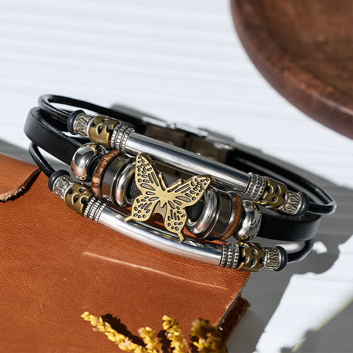 Bracciale vintage a più strati in pelle stile vichingo con farfalle - image 3