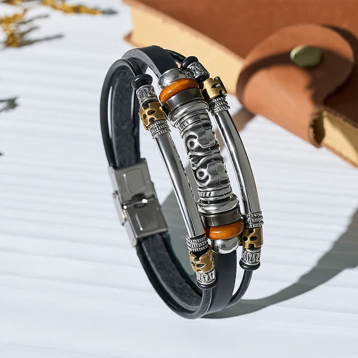 Bracciale in pelle multistrato stile punk retrò con perline cave in lega, - Nero - image 0