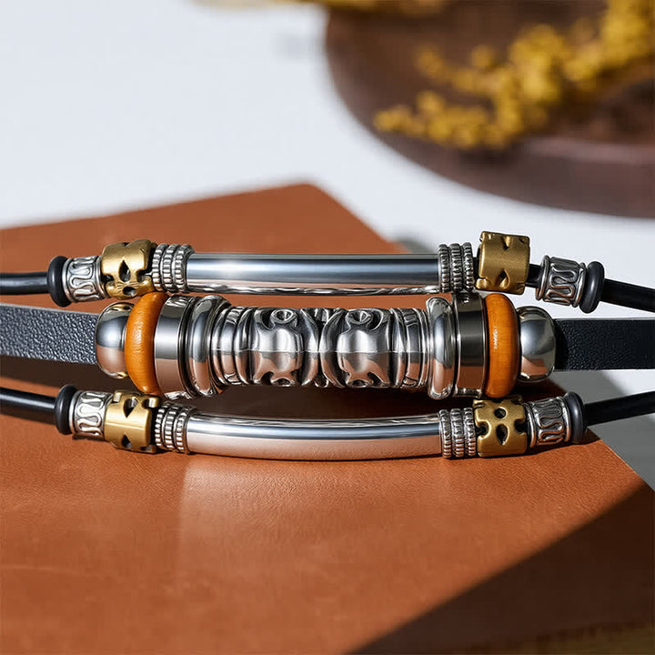 Bracciale in pelle multistrato stile punk retrò con perline cave in lega, - image 6
