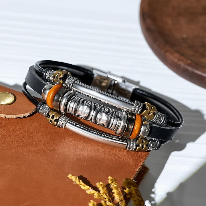 Bracciale in pelle multistrato stile punk retrò con perline cave in lega, - image 3