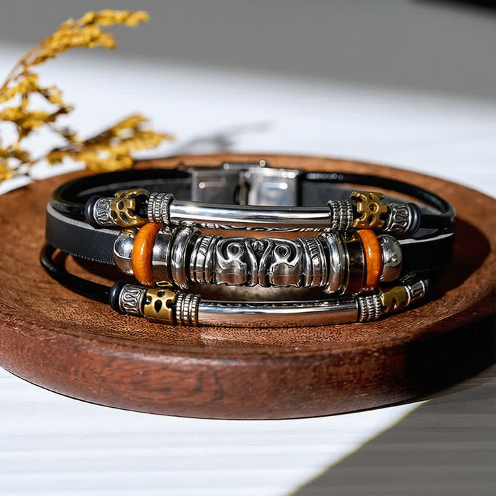 Bracciale in pelle multistrato stile punk retrò con perline cave in lega, - image 4