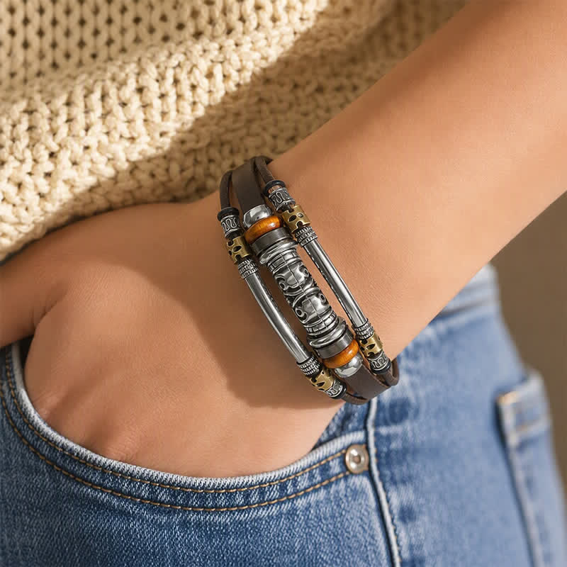 Bracciale in pelle multistrato stile punk retrò con perline cave in lega, - image 1