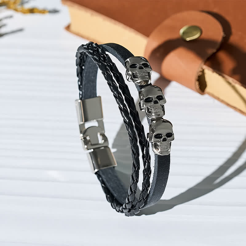 Bracciale in pelle vintage punk a doppio strato intrecciato con teschio - Nero - image 3