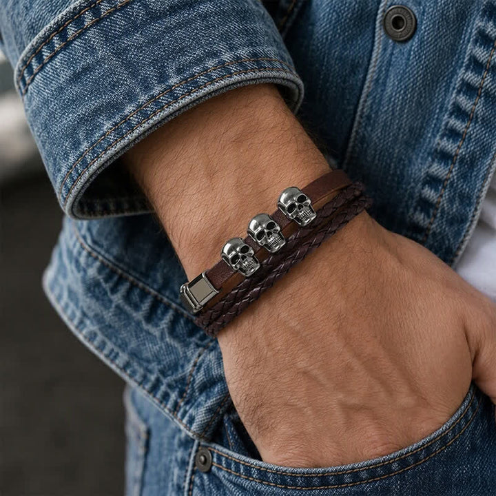 Bracciale in pelle vintage punk a doppio strato intrecciato con teschio - image 2