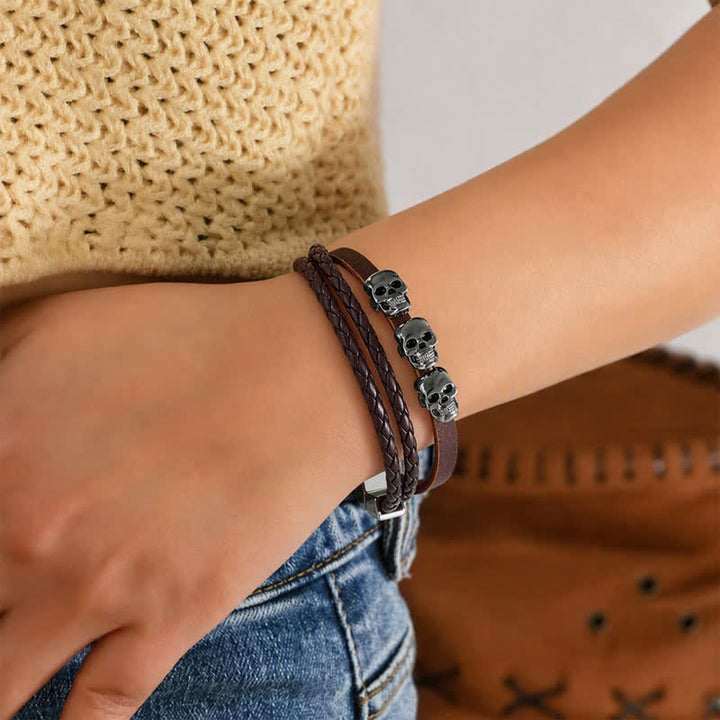 Bracciale in pelle vintage punk a doppio strato intrecciato con teschio - image 1