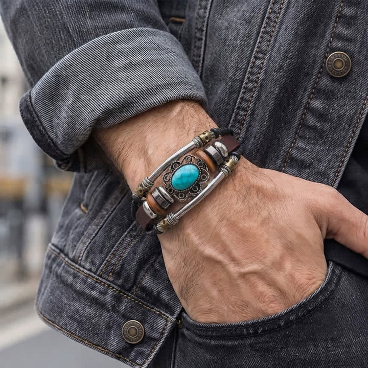 Bracciale in pelle intrecciato fatto a mano con ciondoli turchesi in stile boho. - image 1
