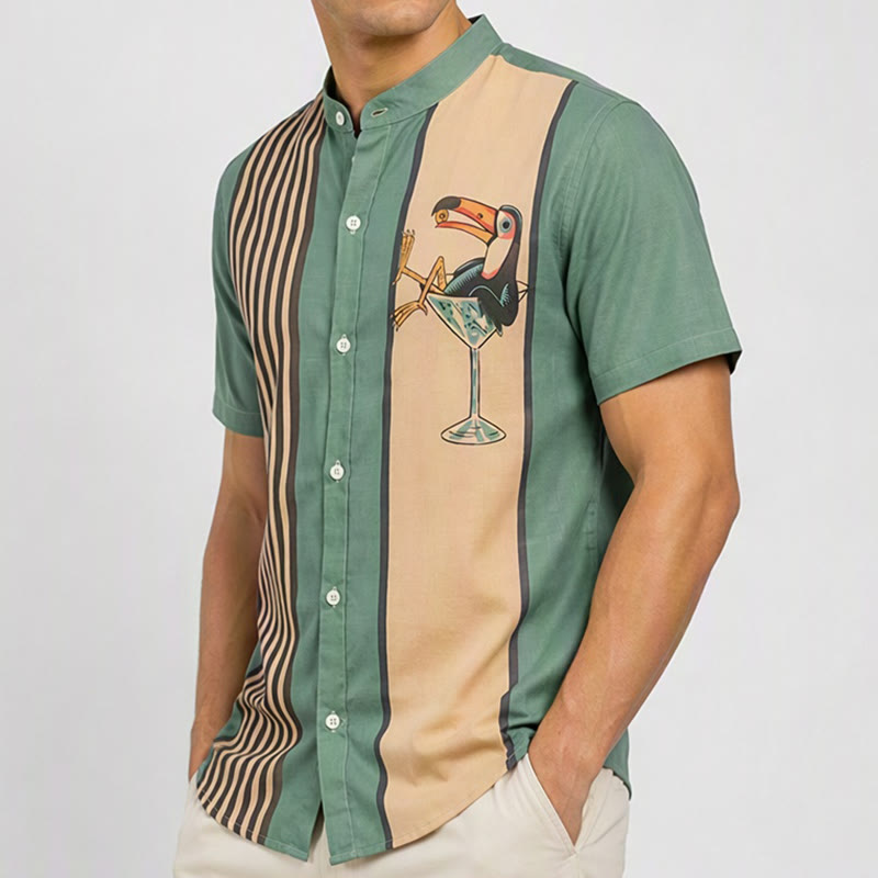 Camicia estiva da uomo a righe verticali con stampa tucano tropicale. - image 3