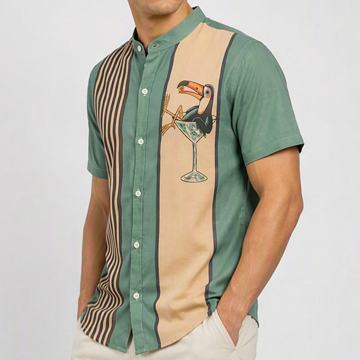Camicia estiva da uomo a righe verticali con stampa tucano tropicale. - image 3
