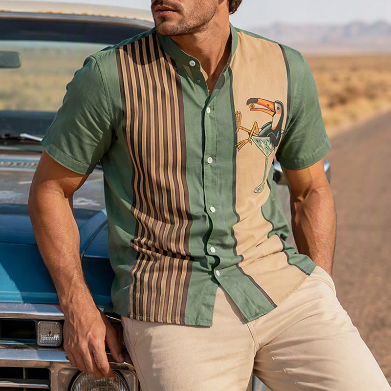 Camicia estiva da uomo a righe verticali con stampa tucano tropicale. - Stile n. 1 - 6XL - image 0