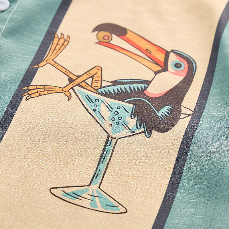 Camicia estiva da uomo a righe verticali con stampa tucano tropicale. - image 8