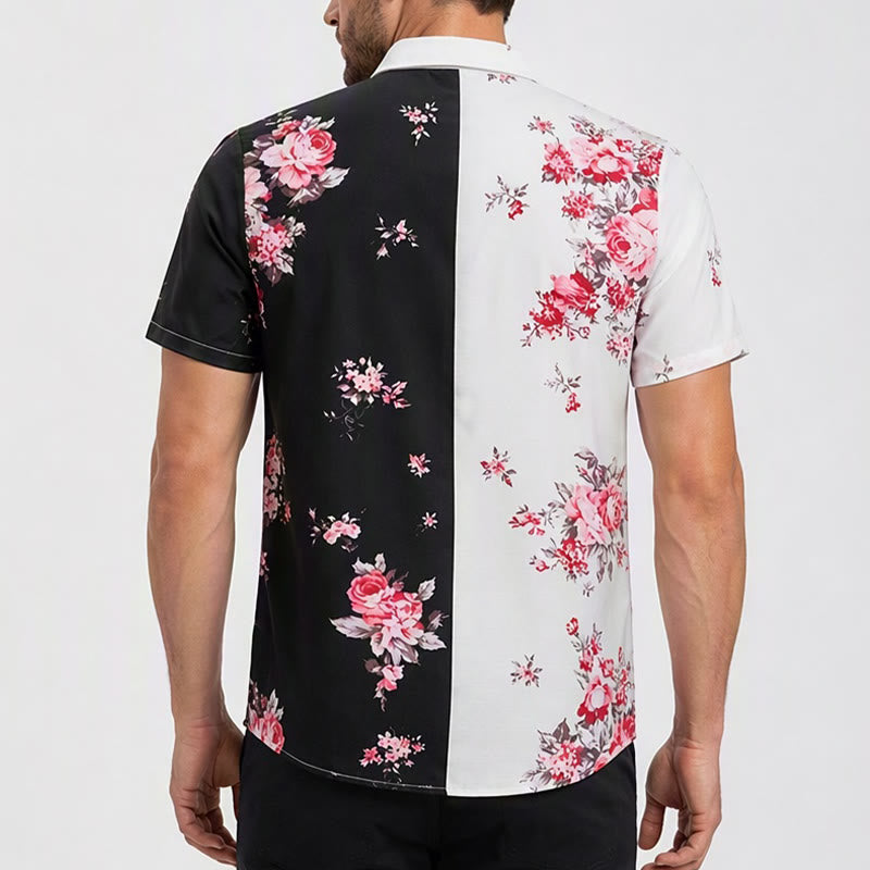 Camicia casual da uomo nera e bianca con stampa floreale a rose a contrasto - image 2