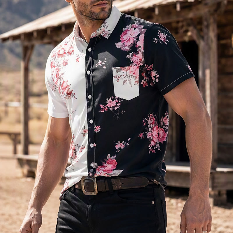 Camicia casual da uomo nera e bianca con stampa floreale a rose a contrasto - Stile n. 1 - 6XL - image 0