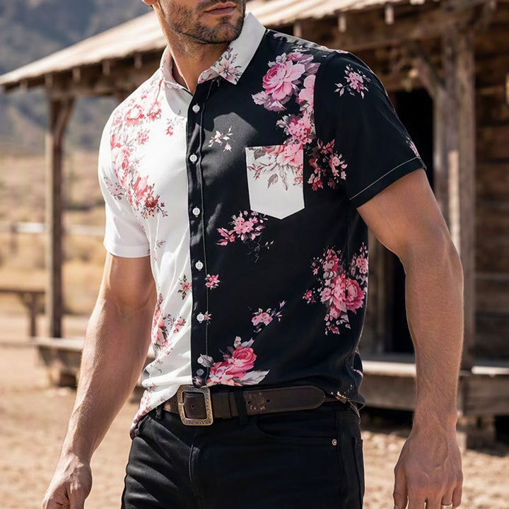 Camicia casual da uomo nera e bianca con stampa floreale a rose a contrasto - Stile n. 1 - 6XL - image 0
