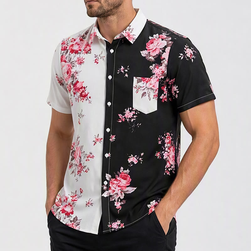 Camicia casual da uomo nera e bianca con stampa floreale a rose a contrasto - image 3