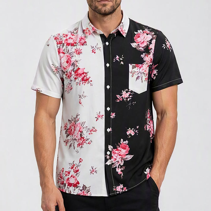 Camicia casual da uomo nera e bianca con stampa floreale a rose a contrasto - image 1
