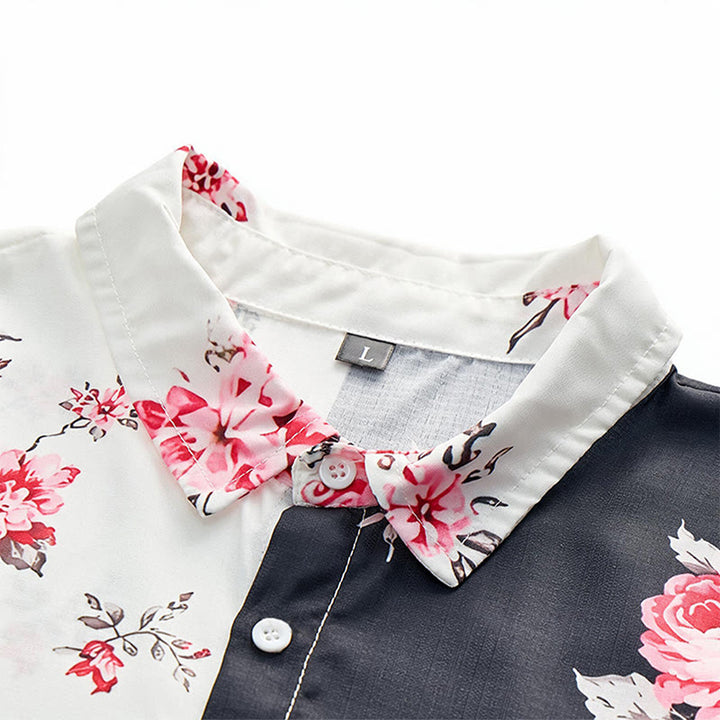 Camicia casual da uomo nera e bianca con stampa floreale a rose a contrasto - image 4