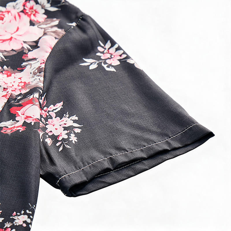 Camicia casual da uomo nera e bianca con stampa floreale a rose a contrasto - image 5