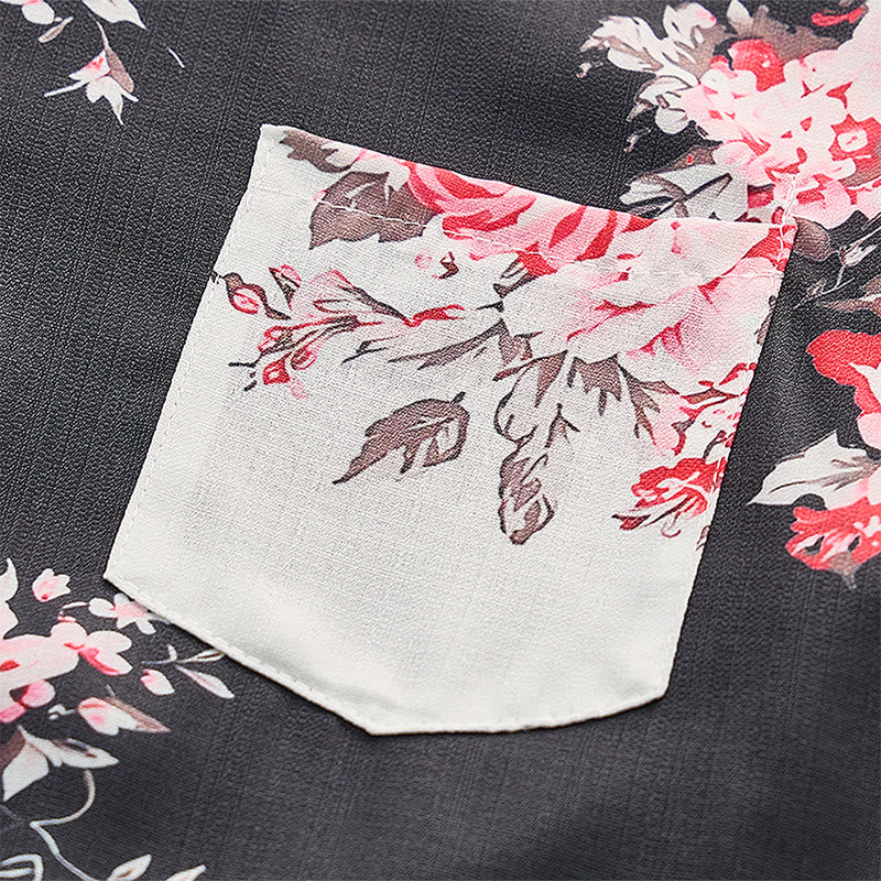 Camicia casual da uomo nera e bianca con stampa floreale a rose a contrasto - image 9
