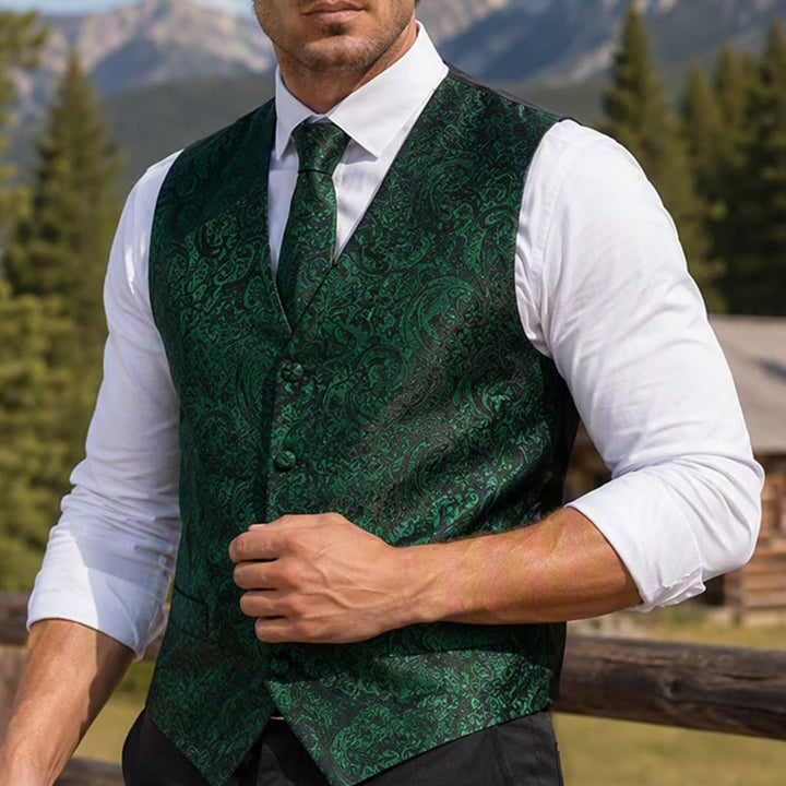 Completo da uomo a tre pezzi con gilet in jacquard a fantasia paisley. - Verde scuro - 2XL - image 6