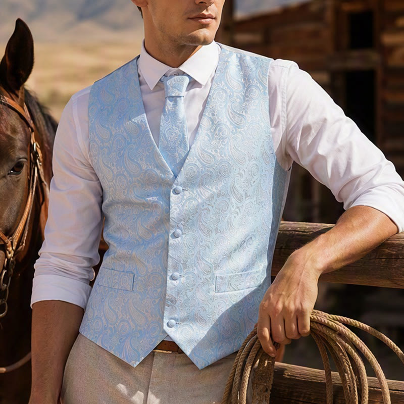 Completo da uomo a tre pezzi con gilet in jacquard a fantasia paisley. - Azzurro chiaro - 2XL - image 0