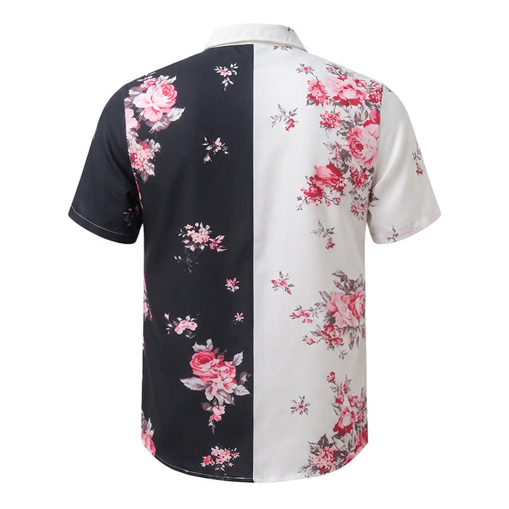 Camicia casual da uomo nera e bianca con stampa floreale a rose a contrasto - image 11