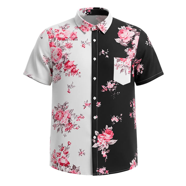 Camicia casual da uomo nera e bianca con stampa floreale a rose a contrasto - image 10