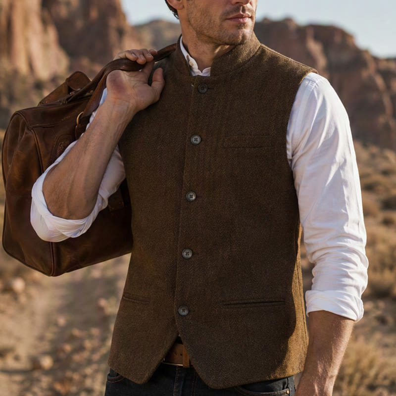 Gilet da uomo in tweed a spina di pesce con colletto alla coreana - Marrone - 3XL - image 15