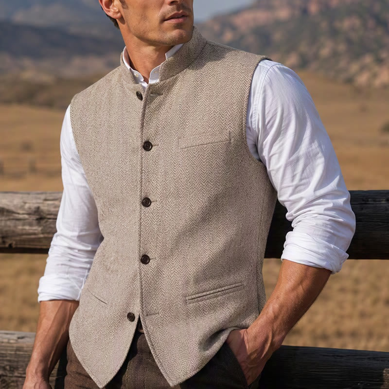 Gilet da uomo in tweed a spina di pesce con colletto alla coreana - Champagne - 3XL - image 16