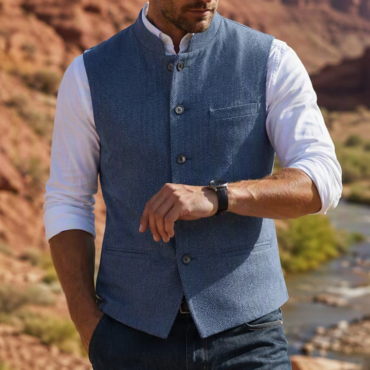 Gilet da uomo in tweed a spina di pesce con colletto alla coreana - Blu - 3XL - image 13