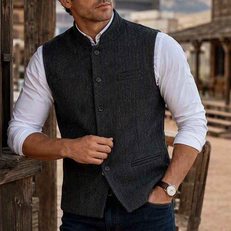 Gilet da uomo in tweed a spina di pesce con colletto alla coreana - Nero - 3XL - image 6