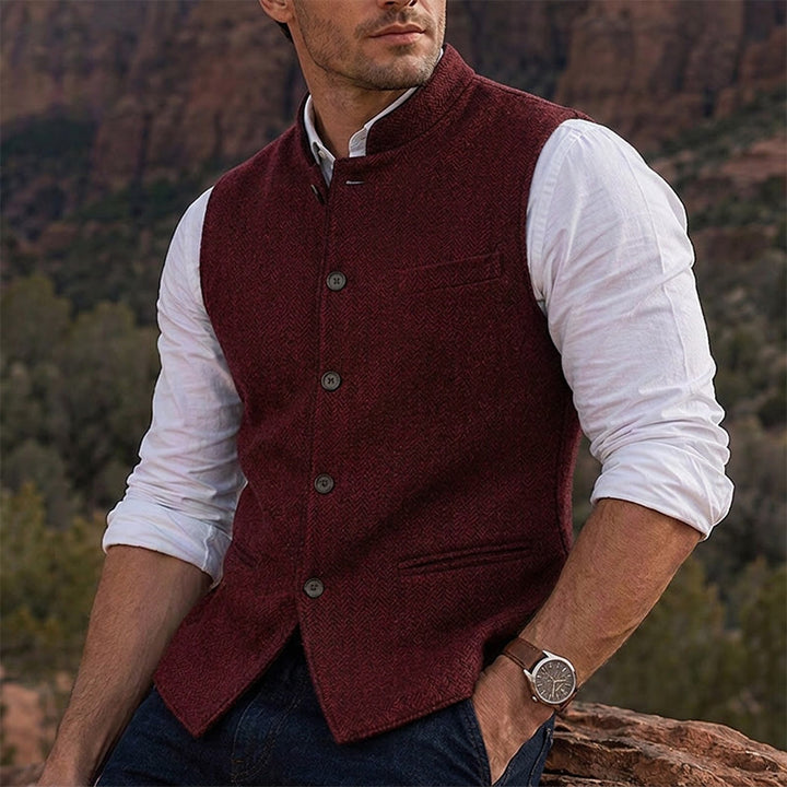 Gilet da uomo in tweed a spina di pesce con colletto alla coreana - Vino - 3XL - image 8