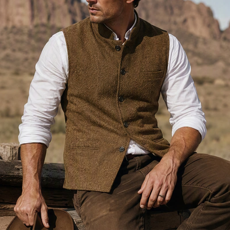 Gilet da uomo in tweed a spina di pesce con colletto alla coreana - Caffè - 3XL - image 14